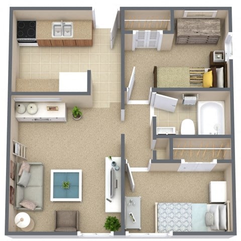 Floor plan for 2 beds, 1 bath, 754 sqft